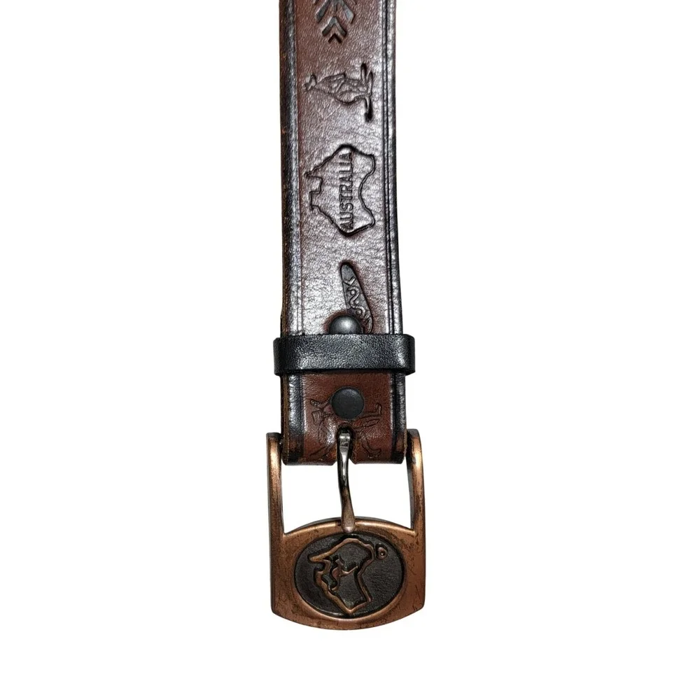 Australian Tooled Leather Belt Brown Copper Tone Buckle Sz 30 Boomerang Cangaroo